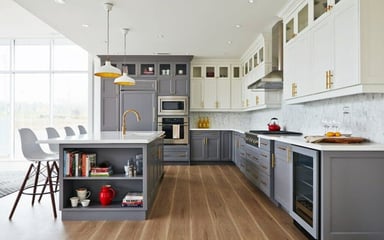 Modern kitchen featuring gray and white cabinetry and wooden flooring